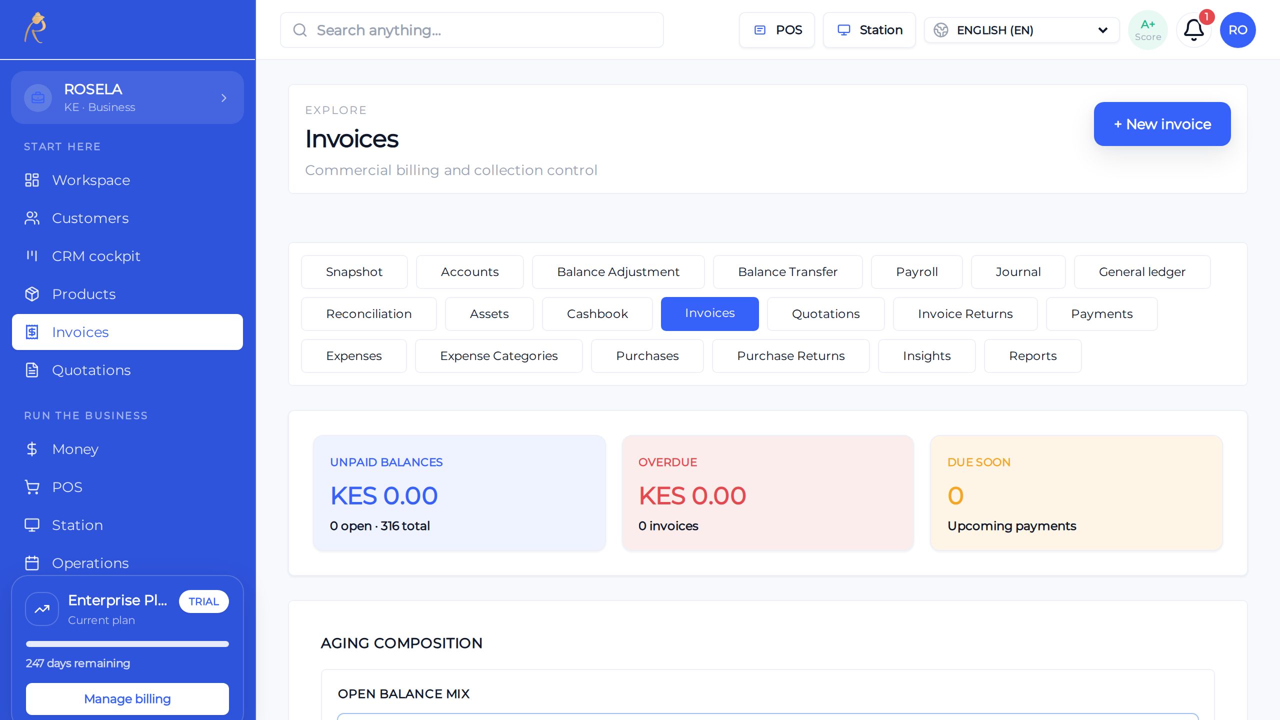 BizPlusX invoices list with status and amounts
